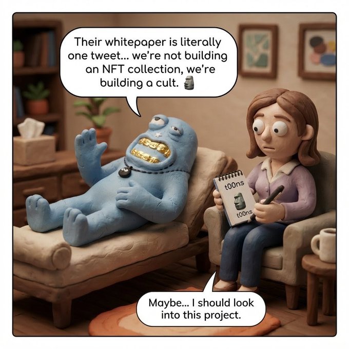A claymation-style cartoon of a blue monster on a couch telling a woman, 'Their whitepaper is literally one tweet… we're not building an NFT collection, we're building a cult,' to which she replies, 'Maybe… I should look into this project.'