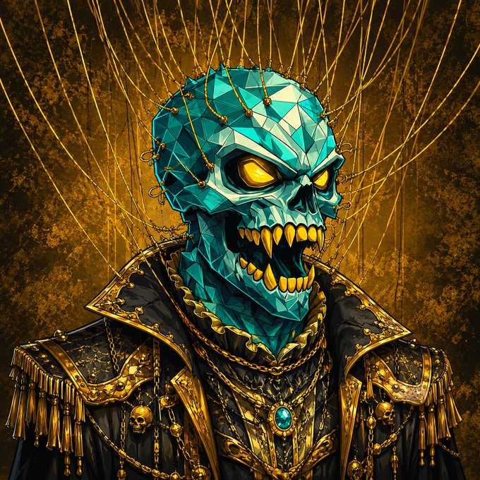 A detailed digital illustration depicts a menacing skull-like figure with a teal crystalline exterior, glowing yellow eyes, and sharp teeth, wearing ornate black and gold armor against a textured gold background.