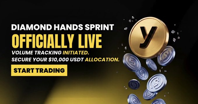 The image features a banner with a gold coin floating above it, surrounded by scattered silver coins. The text on the banner reads "Diamond Hands Sprint" and "Officiallly Live", indicating that this is an advertisement for a trading platform called Diamond Hands sprint. The website URL of the platform is provided in the bottom right corner of the image.