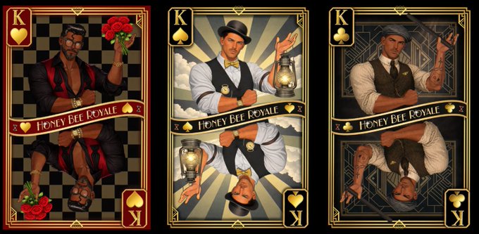 Three playing cards from the 'Honey Bee Royale' collection, all Kings showing men in vintage attire (one with roses, one with a bowtie, one with a vest), each with their faces mirrored top and bottom.