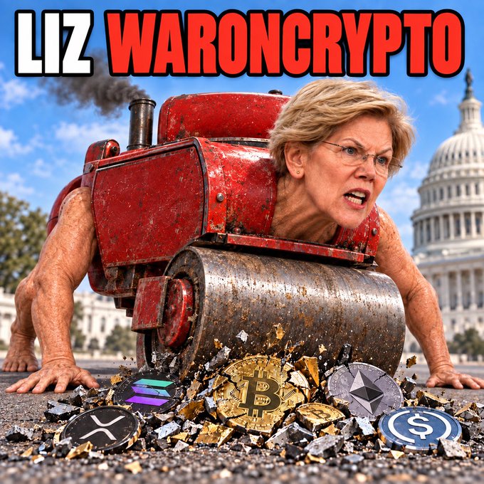 Meme-style digital artwork of Senator Elizabeth Warren depicted as a steamroller crushing cryptocurrency coins (Bitcoin, Ethereum, XRP, Solana, USDC) in front of the U.S. Capitol, with the title 'LIZ WARONCRYPTO'.
