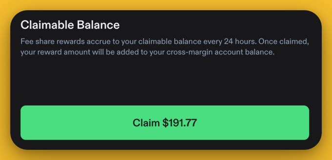 A "Claimable Balance" interface on Phoenix Trade shows a green "Claim $191.77" button, which the poster confirms is a day-9 fee-share reward for trading with $658k in volume across Bitcoin, Ethereum, and gold.