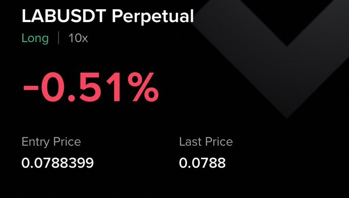 The image displays a screenshot of a LABUSDT perpetual long position with 10x leverage, showing a -0.51% loss with an entry price of 0.0788399 and last price of 0.078, capturing the volatile dip on the LAB token mentioned in the post.