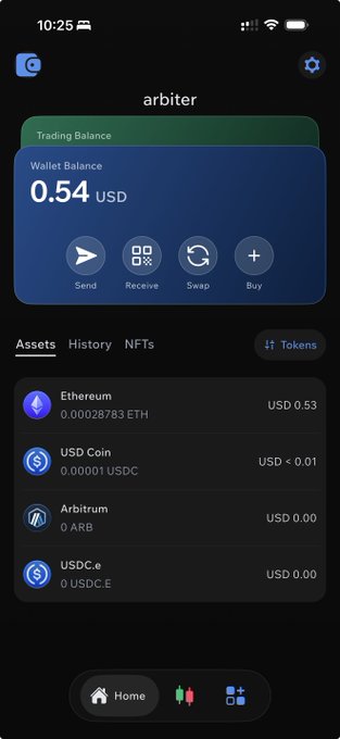 A screenshot of the Arbiter crypto wallet app displaying a wallet named "arbiter" with a trading balance of $0.54 USD, showing assets including Ethereum (0.00028783 ETH, $0.53), USD Coin, Arbitrum (ARB), and USDC.e. The image illustrates the new features of Build 19 of the Arbiter app mentioned in the post.
