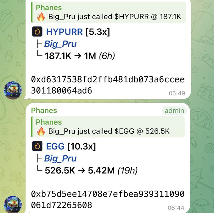 The image shows two Telegram bot alerts from "Phanes" tracking calls made by user "Big_Pru": $HYPURR called at 187.1K (now 1M, 5.3x) and $EGG called at 526.5K (now 5.42M, 10.3x), displayed alongside transaction hashes.

The caption relates to the post by showing evidence of successful early calls on memecoins ($HYPURR and $EGG) to build credibility, supporting the user's claim of being "always early" before promoting their own $MOTION bag in light of the Trump hype.
