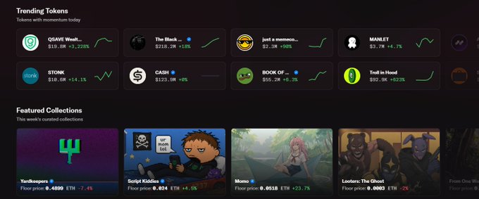 A cryptocurrency dashboard displaying trending tokens like QSAVE Weak ($10.6M, +3.228%), The Black ($216.2M, +1.0%), STONK ($10.6M, +14.1%), CASH ($123.9M, +0%), MANELET ($3.7M, +4.7%), and featured NFT collections including YumDongers, Script Kiddies, Momo, and Lostark: The Ghost.
