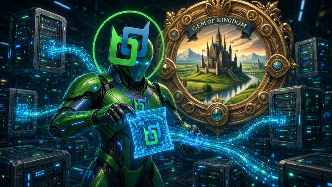 A green-armored digital figure holds a glowing holographic block stamped with the Beldex logo in a server-filled data center, beside an ornate golden frame labeled "GEM OF KINGDOM" showing a castle landscape. The image visually ties to the post by illustrating Beldex's dual-purpose masternode—staking 10,000 BDX to secure the blockchain while simultaneously relaying private BChat and BelNet traffic, turning the "stake" into active privacy infrastructure rather than idle collateral.