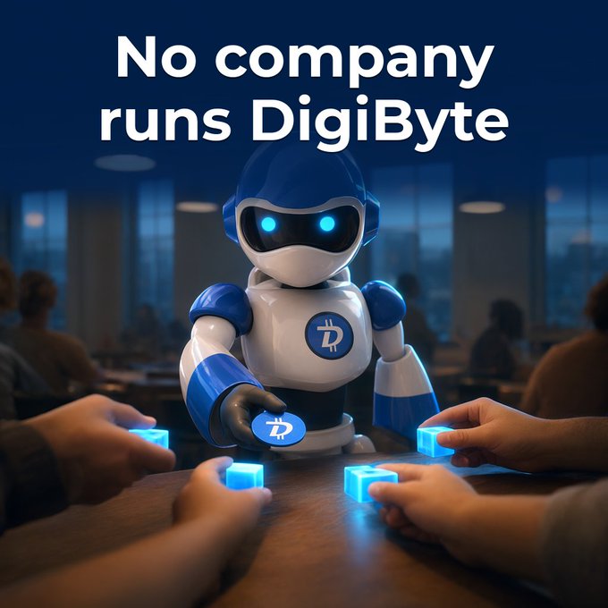 An illustrated robot with a Digibyte logo on its chest holds a glowing DGB coin, with the text 'No company runs DigiByte' displayed at the top.