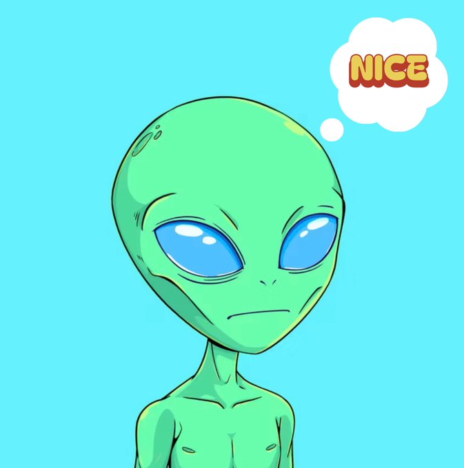 A simple cartoon of a green alien with large blue eyes, with a thought bubble containing the word 'NICE' in red and yellow letters.