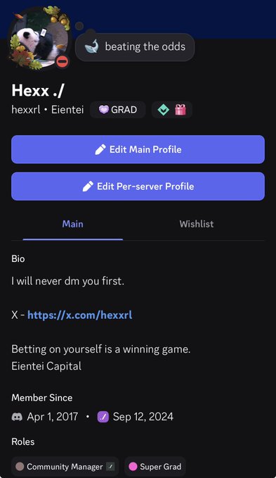 A Discord profile page for 'Hexx ./' (hexxrl • Eientei) with the status 'beating the odds', bio reading 'I will never dm you first' and 'Betting on yourself is a winning game', member since April 1, 2017.