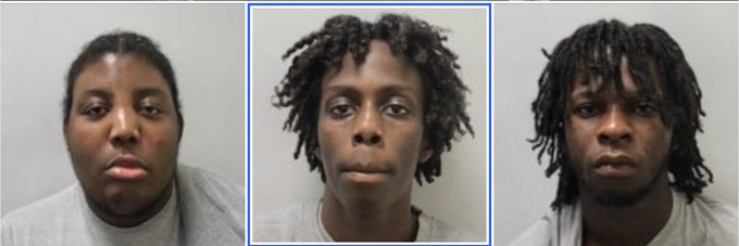 Three mugshot-style photos show Black women with neutral expressions against gray backgrounds; the center image is highlighted with a blue border, and the woman on the left wears a gray sweatshirt.