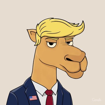 A digital illustration depicting a humanoid horse with blonde hair, wearing a blue suit and red tie, with a small American flag pin on its lapel.