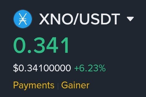 A cryptocurrency price ticker showing XNO/USDT at 0.341, up 6.23% to $0.341000000, categorized under Payments/Gainer.
