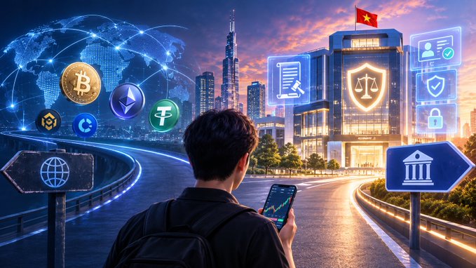 A person holding a smartphone looks toward a cityscape adorned with the Vietnamese flag and holographic symbols of cryptocurrency (Bitcoin, Ethereum, Tether), legal scales, and government buildings, illustrating Vietnam's push to regulate crypto trading on unlicensed foreign platforms.