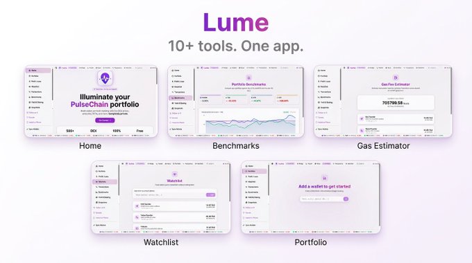 The image features an advertisement for a product called "Lume". It is displayed across four screens, each showing different aspects of the app's functionality or interface. The largest screen at the top of the image gives a brief overview of the app's purpose and its usefulness in helping users manage their portfolios. Below this, there are three smaller screens providing more details about how to use the app, such as paying bills or monitoring gas prices. The final smaller screen offers information on pricing plans for the app itself. In the bottom right corner, there is text that mentions a conversation related to the app's features and user experience.
