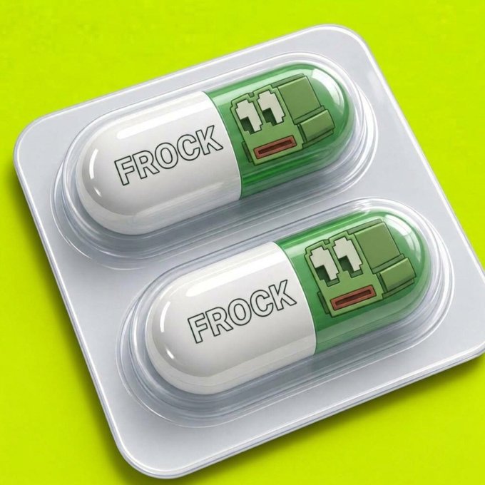 A 3D render of a blister pack containing two green and white capsules labeled 'FROCK' with a pixelated design, set against a bright yellow background.