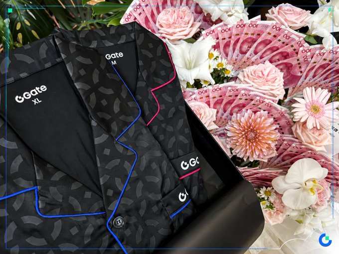 Black clothing items with 'Gate XL' and 'Gate M' logos displayed among pink flowers and Chinese yuan banknotes.