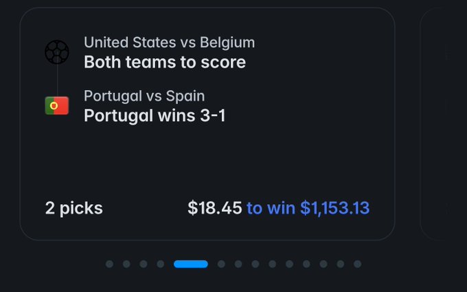A sports betting slip showing 2 picks: United States vs Belgium (both teams to score) and Portugal vs Spain (Portugal wins 3-1), with an $18.45 wager to win $1,153.13.