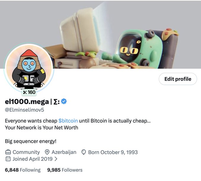 A Twitter profile for @Elminselimov5 (display name "el1000.mega | Σ:") shows a cartoon avatar, ~9,985 followers, and bio text referencing Bitcoin and "Your Network is Your Net Worth," aligning with the post's beginner-friendly intro to NFTs and earning opportunities aimed at new followers.