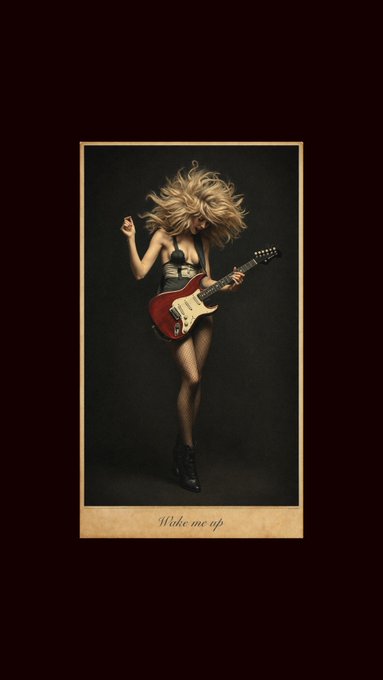 A woman with wild blonde hair plays a red electric guitar energetically in a vintage-style photograph captioned "Wake me up," celebrating the sale of this NFT artwork to collector @RobertRankine.