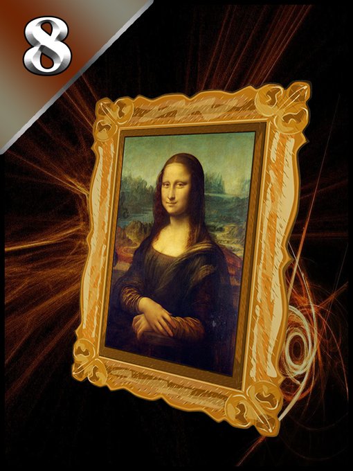 The image shows a Curio Card displaying Leonardo da Vinci's "Mona Lisa" within an ornate gold frame against a fiery black background, with the number "8" displayed in the top left corner, corresponding to its designation as Curio Card #8 that was recently sold on OpenSea.
