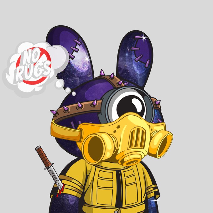 The image features a purple, space-themed cyclops character wearing a yellow 'Kill Bill' suit and a gas mask, with a thought bubble displaying the text 'NO RUGS'.
