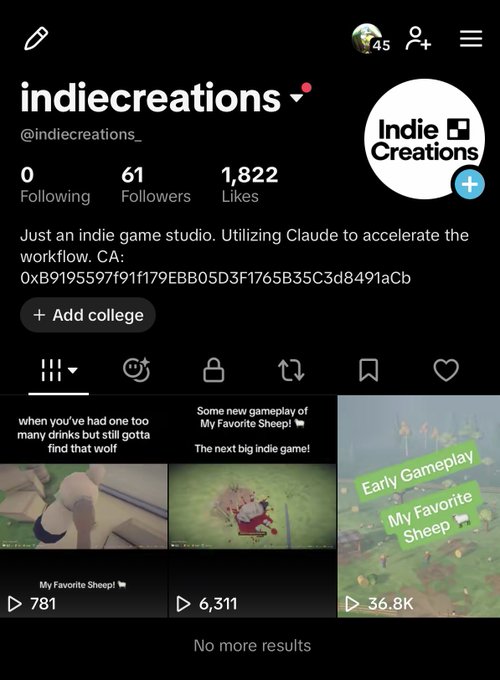 The image shows a TikTok profile for "indiecreations" (@indiecreations_) with 61 followers, 0 following, and 1,822 likes, featuring three gameplay videos of "My Favorite Sheep!" with view counts of 781, 6,311, and 36.8K. The caption aligns with the post by highlighting the studio's growing TikTok presence, including its follower count and nearly 2K total likes, supporting the promotional momentum behind the $CREATIONS token.