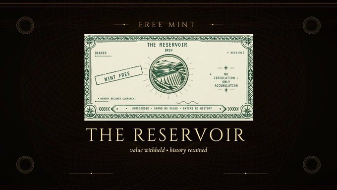 A promotional graphic for "THE RESERVOIR" NFT mint features an ornate certificate-style design with the text "FREE MINT," "NO CIRCULATION," "ONLY ACCUMULATION," and "RESERVE BEFORE CURRENCY," alongside the tagline "value withheld · history retained," aligning with the post's announcement of a free whitelist mint for 3,333 NFTs on the Robinhood Chain.