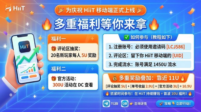 A promotional graphic for the HiiT mobile app launch in Chinese, offering rewards and featuring an invitation code 'LCJS586'.