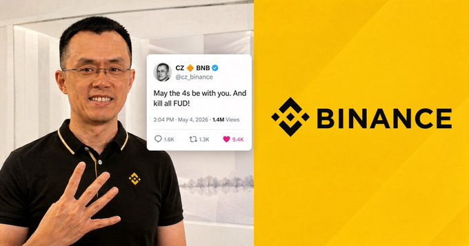 A man wearing glasses and a black polo shirt with the Binance logo gestures with his hand, standing next to a yellow panel with the Binance logo and an embedded tweet from CZ that reads 'May the 4s be with you. And kill all FUD!'