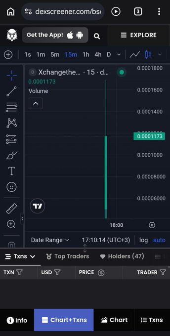 A DexScreener chart showing the $XchangetheWorld token at a price of 0.0001173 with a market cap indicator, matching the post about purchasing a small amount of the token.