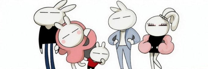 A cartoon banner featuring four stylized white rabbit-like characters in colorful outfits (black, pink, red, and blue) standing in a row, likely representing the $TUZKI Solana token community on Moby.
