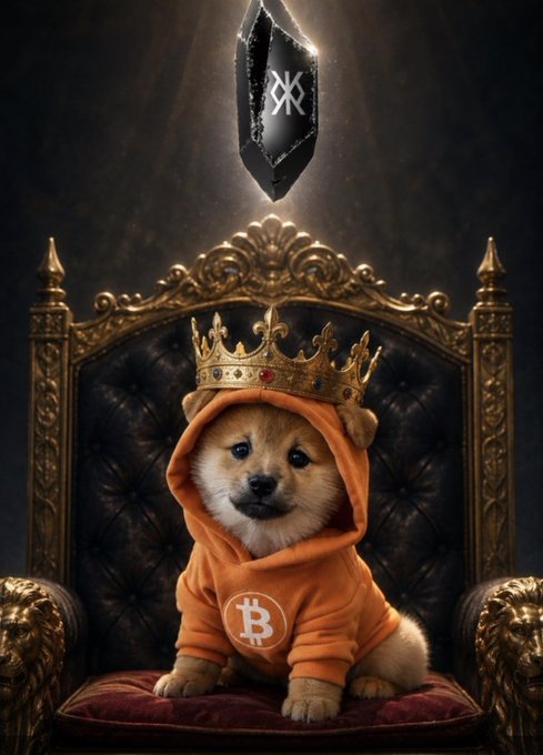 A Shiba Inu puppy wearing an orange Bitcoin hoodie and a gold crown sits on an ornate throne with a dark crystal hovering above bearing an 'X' symbol.