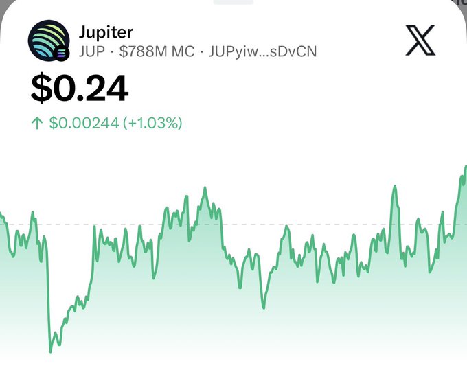 Jupiter (JUP) cryptocurrency price chart showing $0.24, up $0.00244 (+1.03%), with a market cap of $788M and a green price trend line.