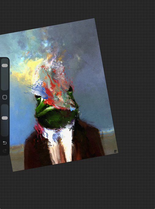 A screenshot of a digital painting application showing a portrait of a man in a suit, with the top portion of his head erased into a colorful, painterly burst of red, yellow, and blue hues.