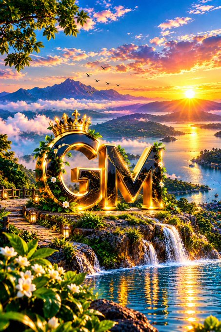 An ornate golden 'GM' monogram with a crown, set in a lush tropical landscape with waterfalls, ocean, and sunset mountains.