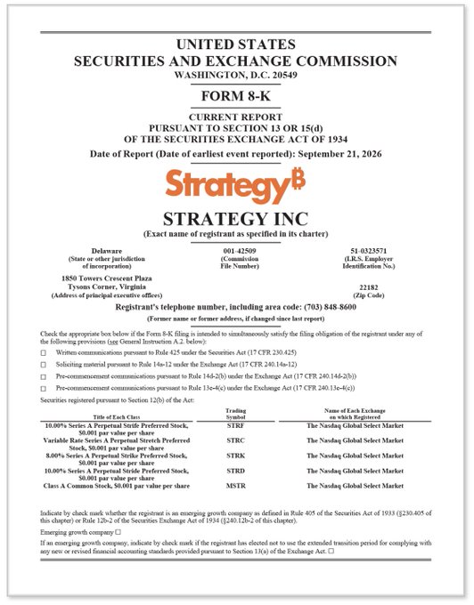 A United States Securities and Exchange Commission Form 8-K current report for Strategy Inc, featuring the company's logo and listing its preferred stock tickers such as STRF, STRK, and STRD.