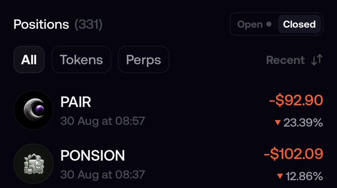 A screenshot of a trading portfolio showing 331 closed positions with two recent losing trades: PAIR (-$92.90, down 23.39%) and PONS10N (-$102.09, down 12.86%), humorously supporting the joke about "donating" to the FOMO gods with each unsuccessful trade.