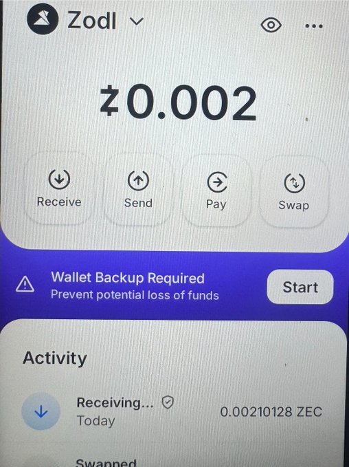 A Zodl crypto wallet interface displays a balance of zł0.002 with options to Receive, Send, Pay, and Swap, alongside a "Wallet Backup Required" warning and recent activity showing 0.00210128 ZEC being received. The image illustrates the first step of the bridging process, showing the Zodl app where users would navigate to the Swap section to begin transferring funds to ZEC Chain.