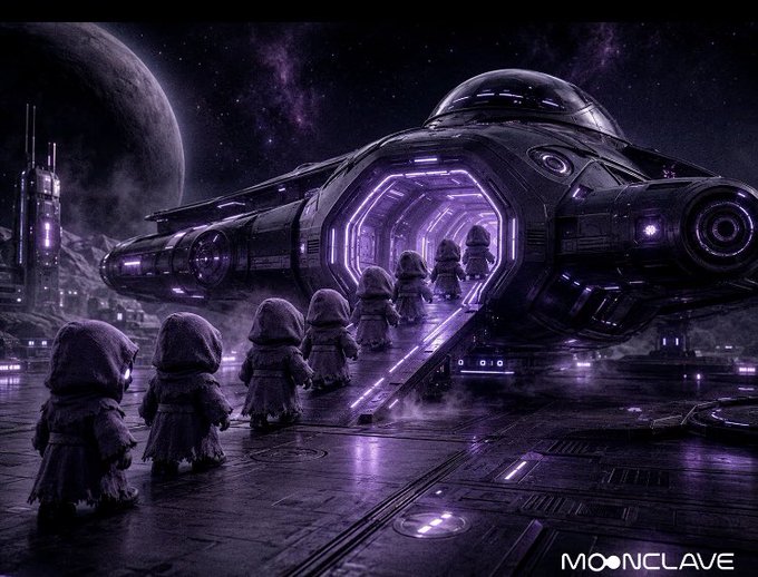 A digital artwork by 'MOONCLAVE' depicts hooded figures walking up a ramp into a futuristic spacecraft under a starry sky with a planet visible.