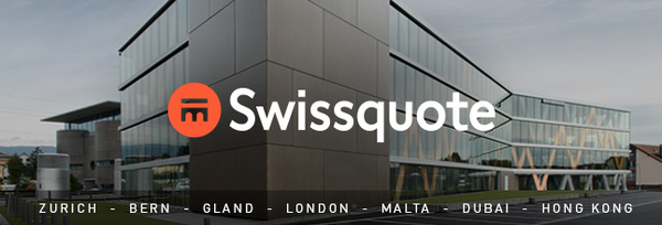 A Swissquote promotional banner showing a modern glass office building with the company logo and locations listed: Zurich, Bern, Gland, London, Malta, Dubai, Hong Kong.