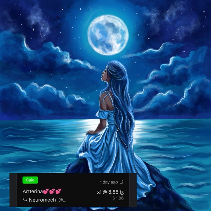 Artwork titled 'Artterina' by @Neuromech, showing a blue-haired woman in a flowing blue dress gazing at a full moon over the ocean, listed as a sale for 8.88ŧ.