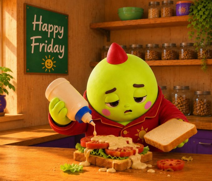An AI-generated cartoon of a green character in red pajamas pouring too much sauce onto a sandwich in a kitchen with a 'Happy Friday' chalkboard sign.