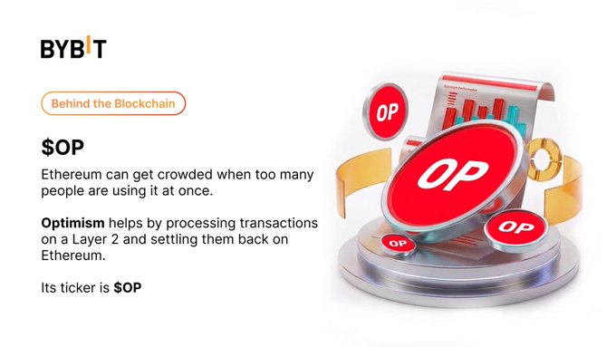 The image is a Bybit "Behind the Blockchain" infographic about Optimism ($OP), explaining that it processes transactions on a Layer 2 network and settles them back on Ethereum, with 3D "OP" tokens and a chart displayed on a podium.

This directly relates to the post's question about scalability (Answer A) — the infographic illustrates how Optimism solves Ethereum's congestion problem by offloading transactions to a Layer 2 solution.