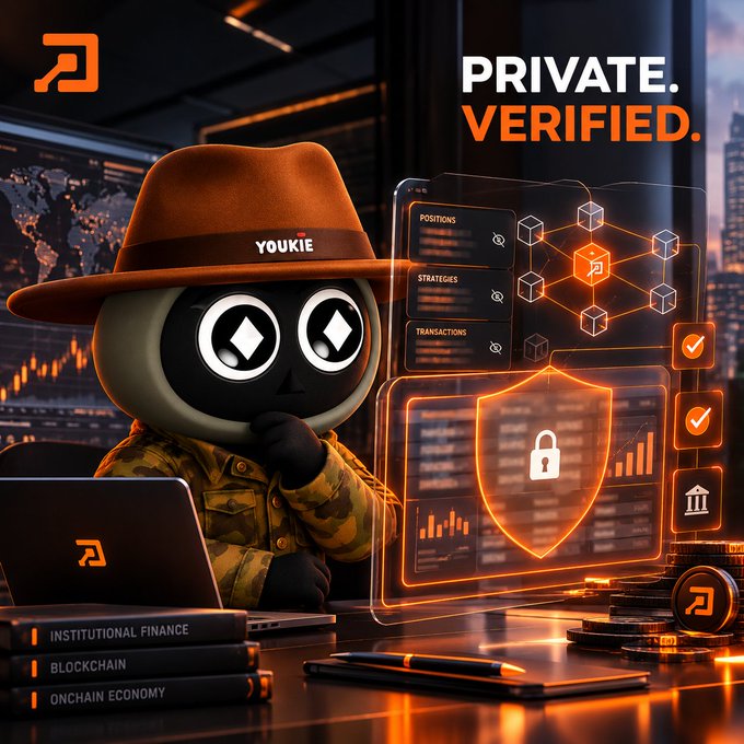 A digital illustration of a panda-like character in a fedora and camo jacket at a desk with books titled 'INSTITUTIONAL FINANCE', 'BLOCKCHAIN', and 'ONCHAIN ECONOMY', beside text reading 'PRIVATE. VERIFIED.' and 'YOUKIE'.