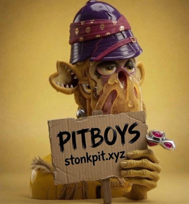 A grotesque, yellow, multi-eyed creature wearing a purple bandana holding a cardboard sign that reads "PITBOYS stonkpit.xyz" against a yellow background.