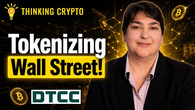A thumbnail for the "Thinking Crypto" YouTube channel features a woman in a black blazer against a yellow network-themed background, with text reading "Tokenizing Wall Street!" and the DTCC logo, promoting an interview with DTCC's Nadine Chakar about blockchain plans.