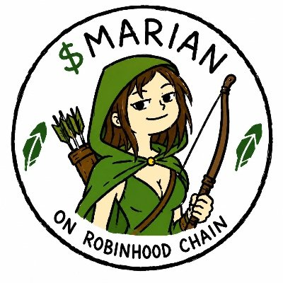 A circular logo for '$MARIAN ON ROBINHOOD CHAIN' depicting a cartoon archer character in green clothing holding a bow and arrows.