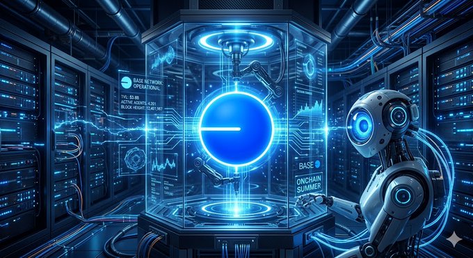 The image features a robot standing inside of a large glass container, surrounded by blue lights and computer screens displaying data about the network's daily transaction volume. The text in the image reads "The daily transaction volume on @base proves that organic user retention is better than fake hype. Accounts with massive reach are talking about this network because it is where the actual active wallets are interacting". This suggests that the robot might be monitoring and analyzing the network's performance, or even actively participating in transactions within the system.