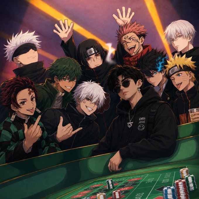 An anime-style illustration depicting a group of characters that resemble the cast of Jujutsu Kaisen at a casino table with stacks of casino chips in the foreground, all wearing dark clothing.